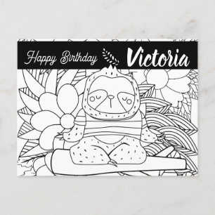 Yoga Instructor Sloth Birthday Floral Colouring Postcard