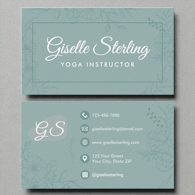 Yoga Instructor Teal Floral Line Art Script Business Card (Creator Uploaded)