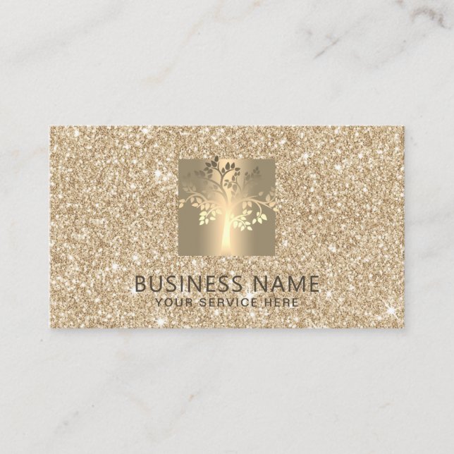 Yoga Instructor Tree Logo Faux Modern Gold Glitter Business Card (Front)