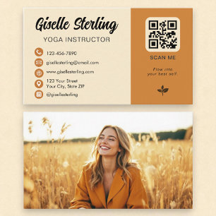 Yoga Instructor Yellow Orange QR Code Photo Business Card