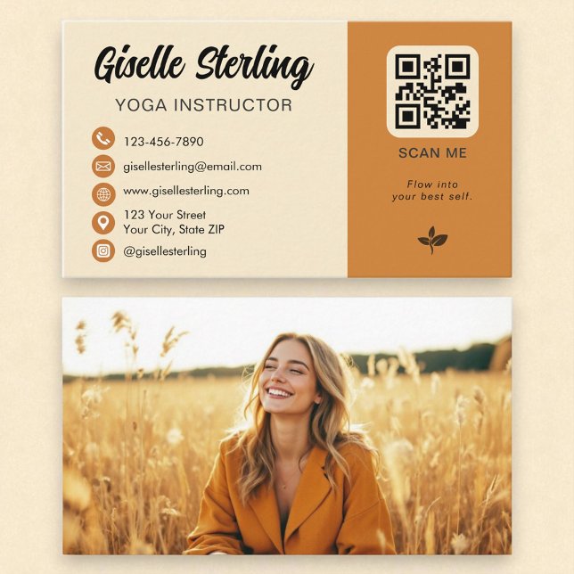 Yoga Instructor Yellow Orange QR Code Photo Business Card (Creator Uploaded)