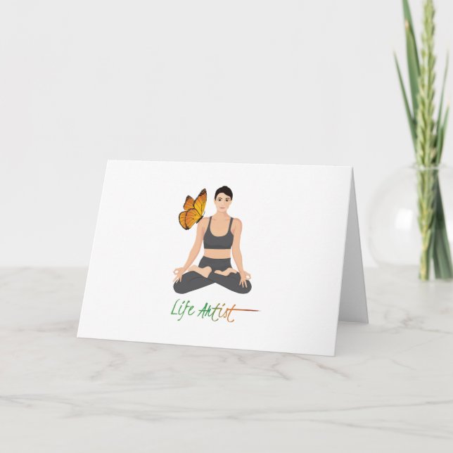 Yoga Life Artist Slogan Girl Lotus Pose Butterfly Card (Front)