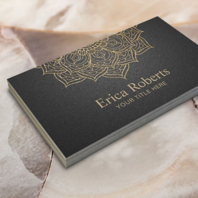 Yoga Life Coach Gold Lotus Mandala Modern Black Business Card (Creator Uploaded)