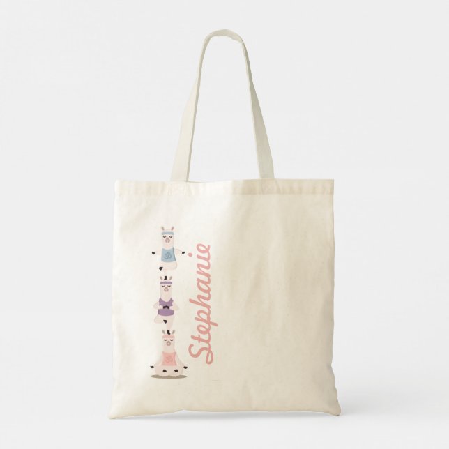 Yoga Llamas Meditating Fun & Cute Custom Name Tote Bag (Back)