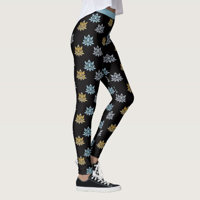 Yoga Lotus Flower Blue Grey Gold Leggings (Right)