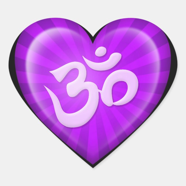 Yoga Love Heart Om Purple on Black Heart Sticker (Front)