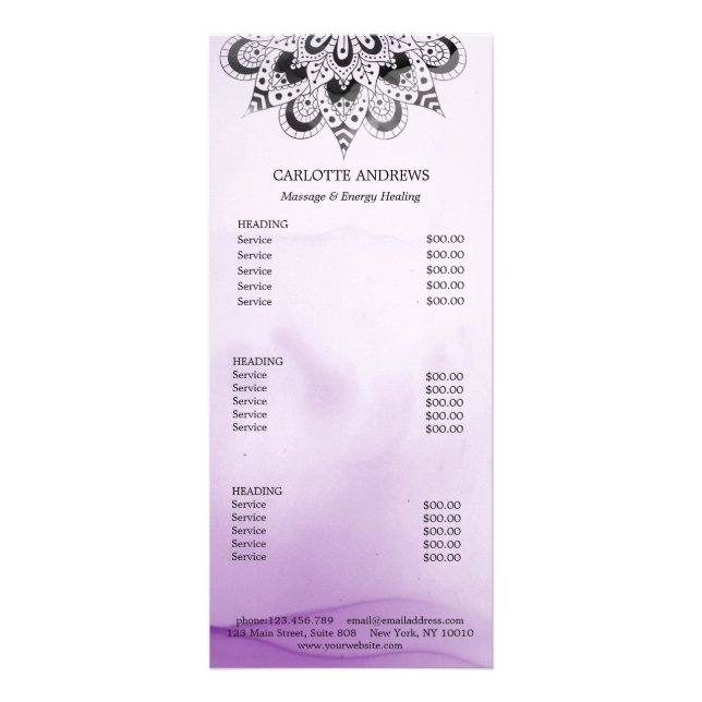 Yoga Mandala Sun Salon Price List Rack Card (Front)