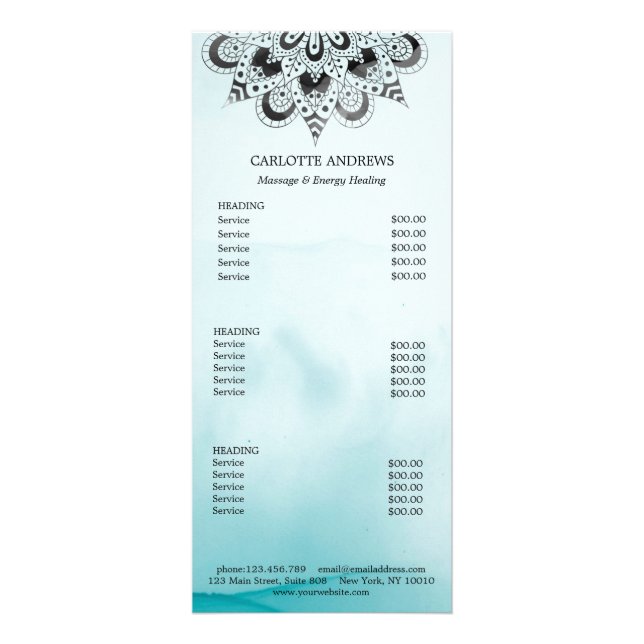Yoga Mandala Sun Salon Price List Rack Card (Front)