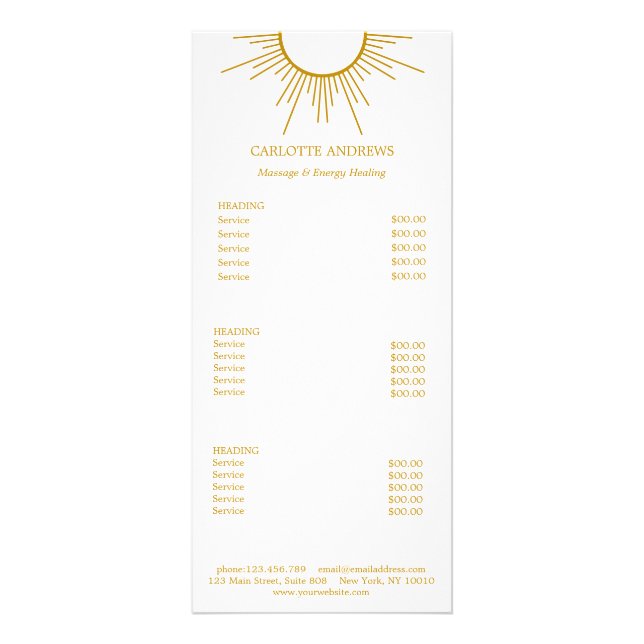 Yoga Mandala Sun Salon Price List Rack Card (Front)