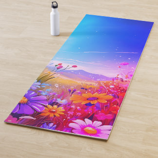 Yoga mat with pink sunset meadow