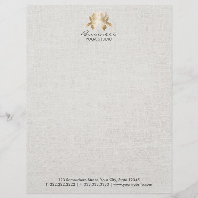 Yoga & Meditation Elegant Gold Lotus Faux Linen Custom Letterhead (Front)