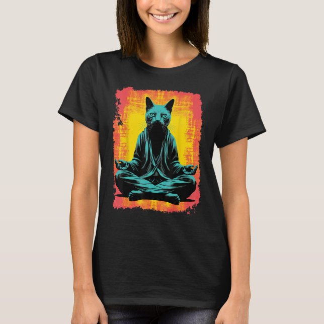 Yoga Meditation Funny Black Cat T-Shirt (Front)