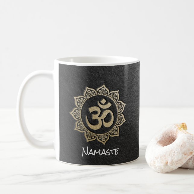 YOGA Meditation Instructor Black & Gold OM Mandala Coffee Mug (With Donut)