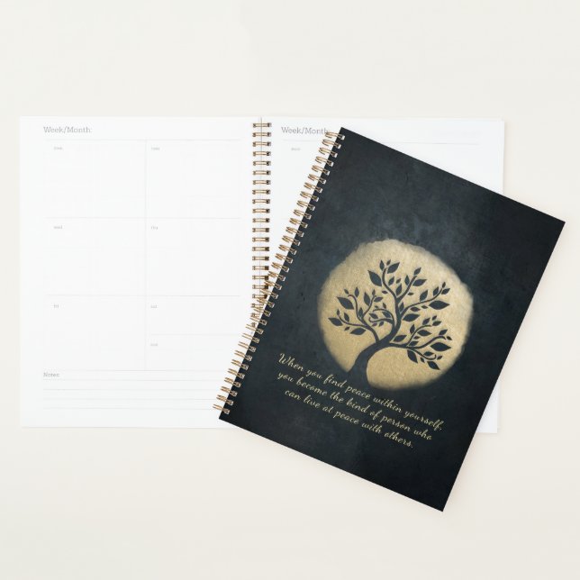 Yoga Meditation Instructor Black Gold Tree Quotes Planner (Display)