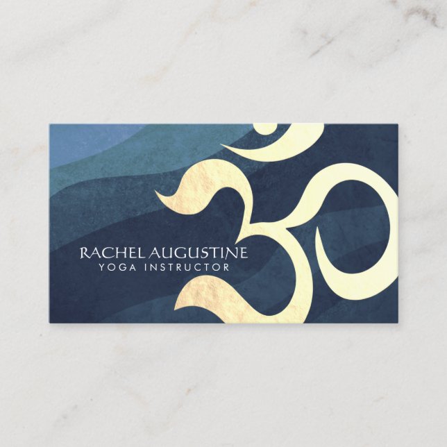 Yoga Meditation Instructor Blue and Gold OM Symbol Business Card (Front)