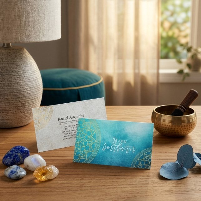 Yoga Meditation Instructor Blue Gold Foil Mandala Business Card (Creator Uploaded)