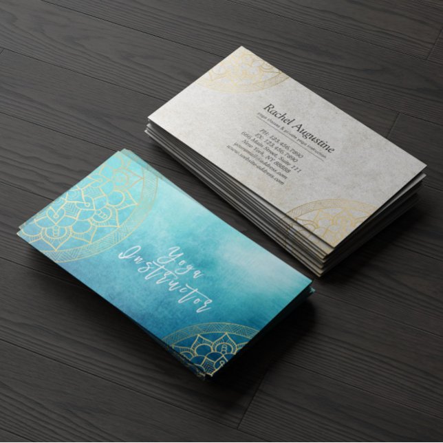 Yoga Meditation Instructor Blue Gold Foil Mandala Business Card (Creator Uploaded)