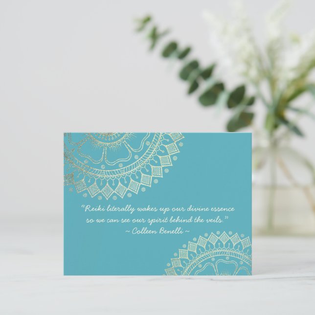 Yoga Meditation Instructor Blue Gold Mandala Quote Postcard (Standing Front)