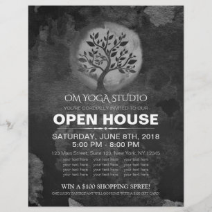 Yoga Meditation Instructor BW Tree Logo Open House Flyer