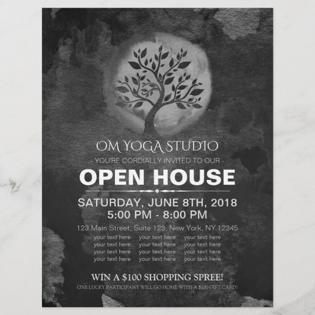 Yoga Meditation Instructor BW Tree Logo Open House Flyer (Front)