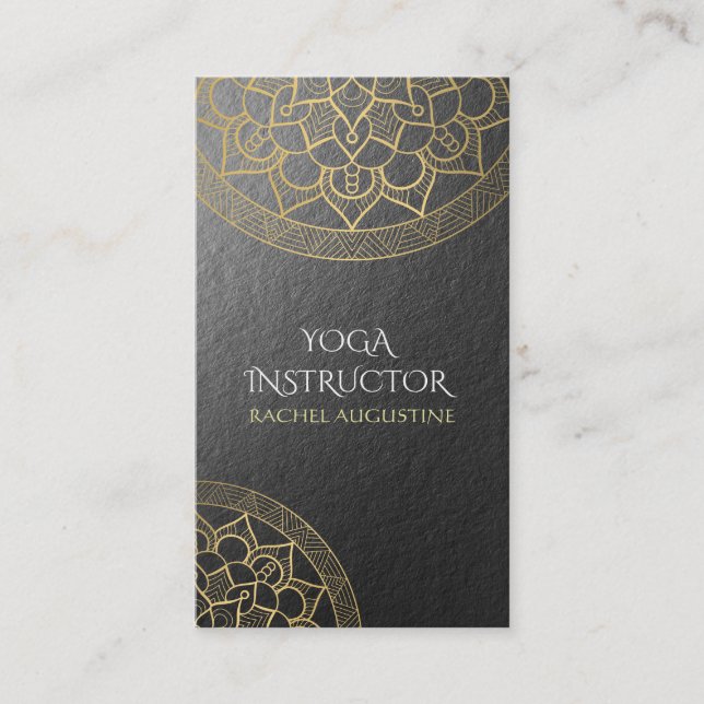 Yoga Meditation Instructor Chic Black Gold Mandala Business Card (Front)