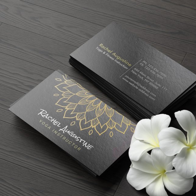 YOGA Meditation Instructor Chic Black Gold Mandala Business Card (Creator Uploaded)