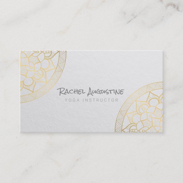 Yoga Meditation Instructor Chic White Gold Mandala Business Card (Front)