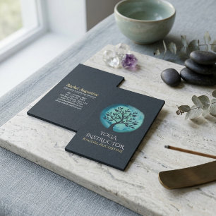 Yoga Meditation Instructor Elegant Black Teal Tree Business Card