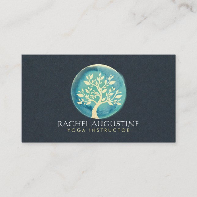 Yoga Meditation Instructor Elegant Teal Gold Tree Business Card (Front)