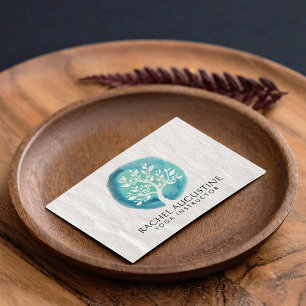 Yoga Meditation Instructor Elegant White Teal Tree Business Card