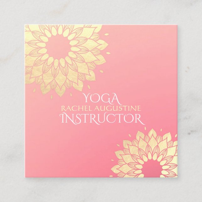 Yoga Meditation Instructor Gold Floral Mandala Square Business Card (Front)