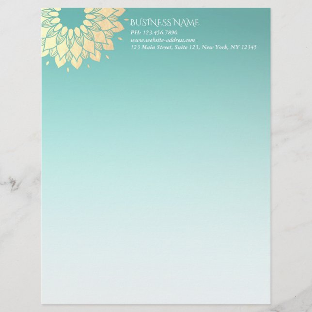 Yoga Meditation Instructor Gold Mandala Flowers Custom Letterhead (Front)