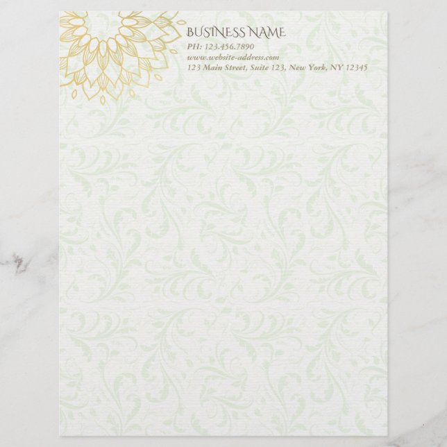 Yoga Meditation Instructor Gold Mandala Flowers Custom Letterhead (Front)