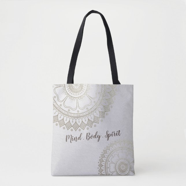 Yoga Meditation Instructor Gold Mandala Flowers Tote Bag (Front)