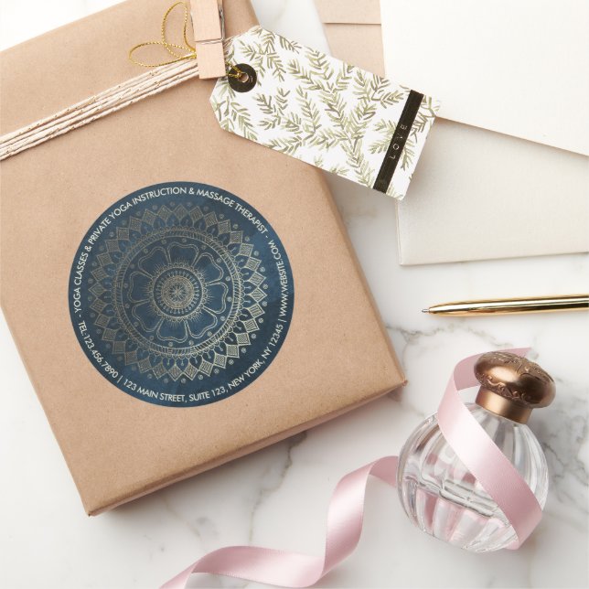 Yoga Meditation Instructor Gold Mandala Navy Blue  Classic Round Sticker (Gifting)