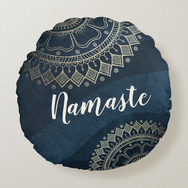 Yoga Meditation Instructor Gold Mandala Navy Blue  Round Cushion (Front)
