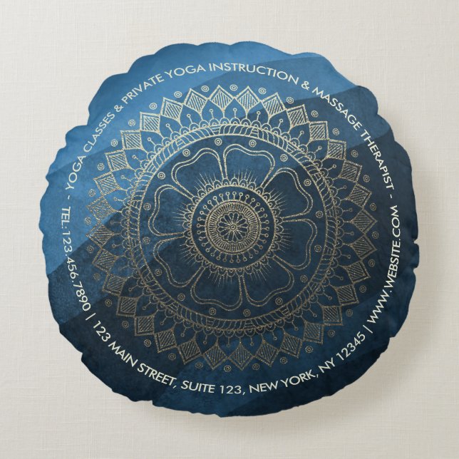 Yoga Meditation Instructor Gold Mandala Navy Blue Round Cushion (Front)
