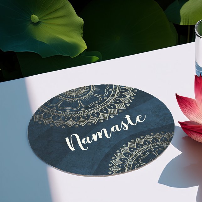 Yoga Meditation Instructor Gold Mandala Navy Blue  Round Paper Coaster (Creator Uploaded)