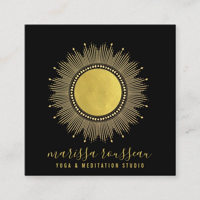 Yoga Meditation Instructor Gold Sun Mandala Square Square Business Card (Front)