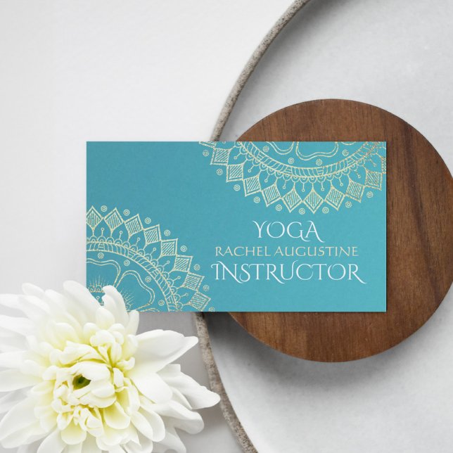 Yoga Meditation Instructor Green Blue Gold Mandala Business Card (Creator Uploaded)