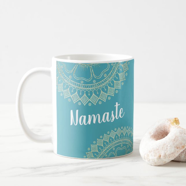 Yoga Meditation Instructor Green Blue Gold Mandala Coffee Mug (With Donut)