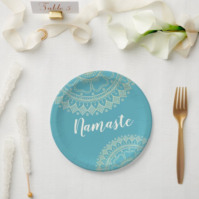Yoga Meditation Instructor Green Blue Gold Mandala Paper Plate (Wedding)