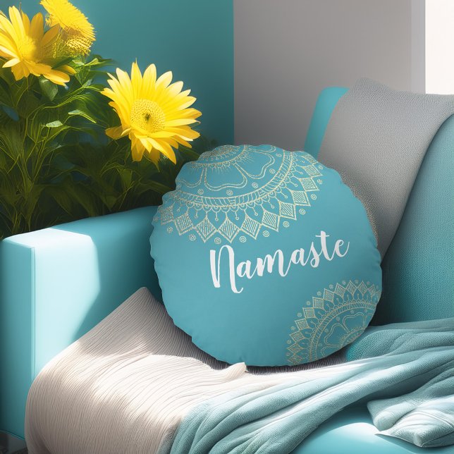 Yoga Meditation Instructor Green Blue Gold Mandala Round Cushion (Creator Uploaded)