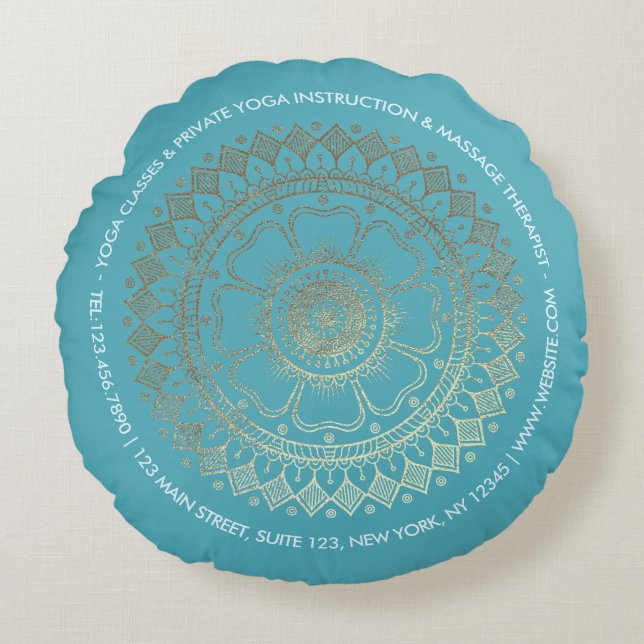 Yoga Meditation Instructor Green Blue Gold Mandala Round Cushion (Front)