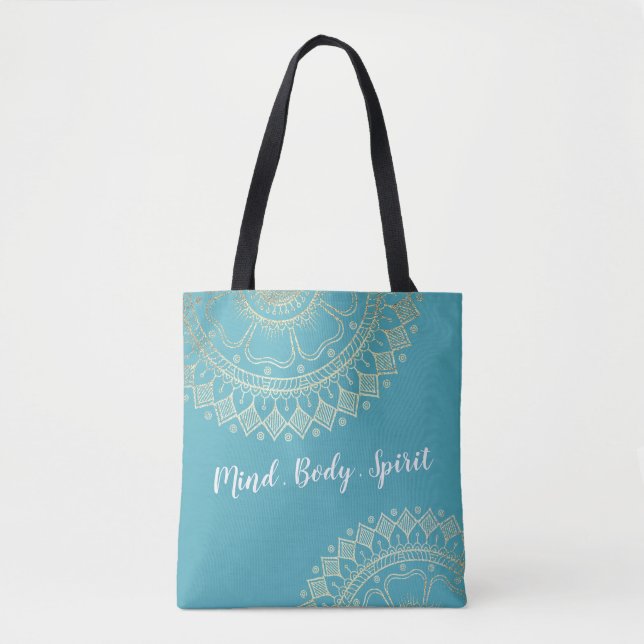 Yoga Meditation Instructor Green Blue Gold Mandala Tote Bag (Front)
