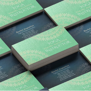 Yoga Meditation Instructor Green Gold Foil Mandala Business Card