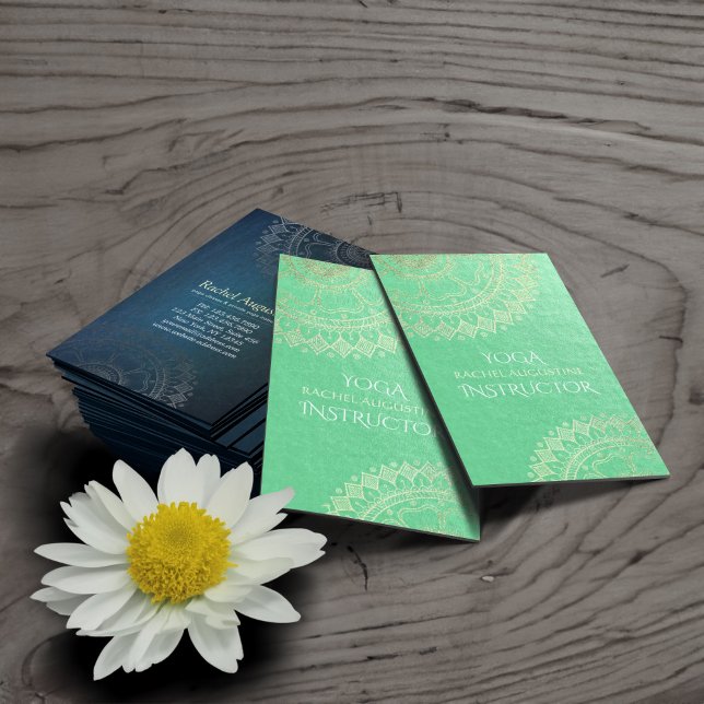 Yoga Meditation Instructor Green Gold Foil Mandala Business Card (Creator Uploaded)