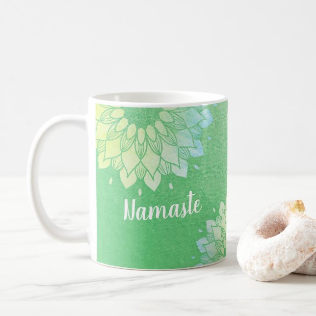 Yoga Meditation Instructor Green Gold Foil Mandala Coffee Mug (With Donut)