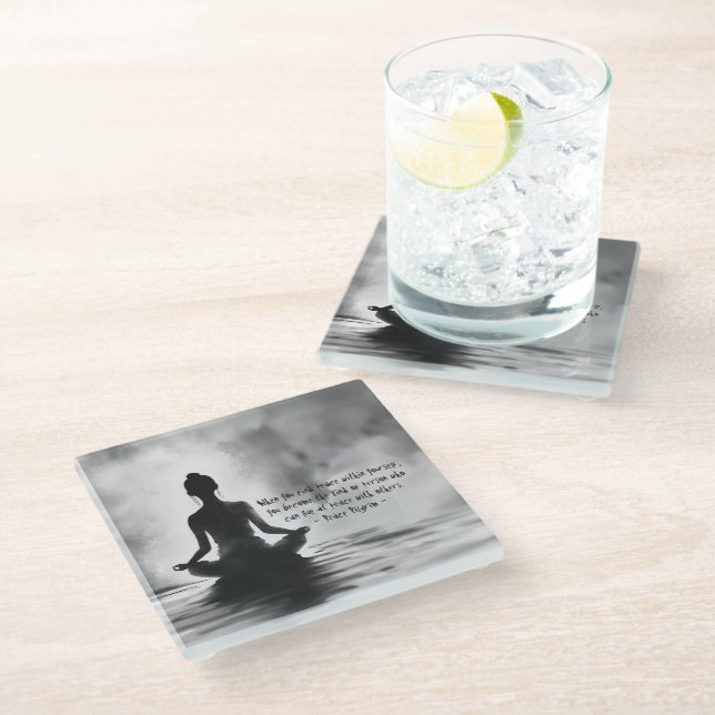 Yoga Meditation Instructor Lotus Pose Ink Painting Glass Coaster (Angled)