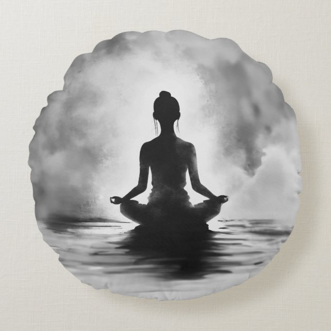 Yoga Meditation Instructor Lotus Pose Ink Painting Round Cushion (Front)